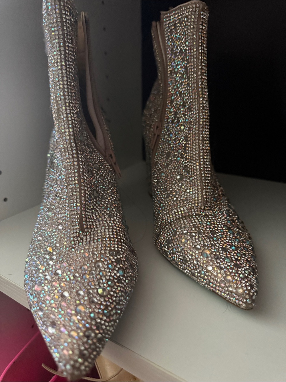 Betsey Johnson Iridescent Crystal Pointed Ankle Boots - Pink